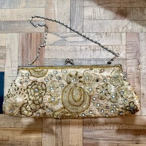 Vintage Glamour Gold Embroidered and Beaded Clutch with Chain Strap
